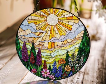 Vibrant Wildflower Meadow Stained Glass Suncatcher Window Hanging Gift for Mothers Day or Nature Lovers