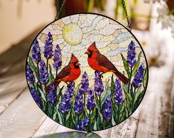 two cardinals with lavender garden round stained glass suncatcher birthday gift for bird lovers