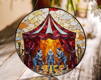 Suncatcher stained glass circus skeleton performers Halloween gift