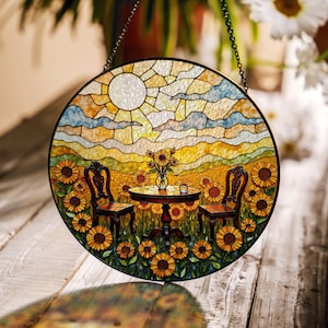 Suncatcher glas-in-lood zonnebloem tuintafel scène cadeau voor moeder Moederdag cadeau housewarming cadeau