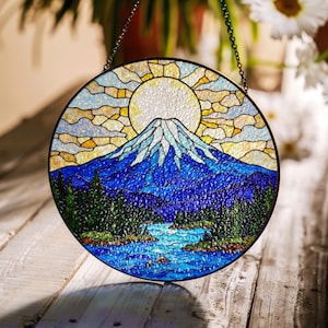 Mountain Stained Glass Suncatcher Beautiful Nature Art Sun Catcher for Gift Lovers Home Decor