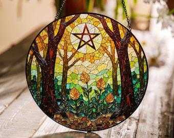 Forest trees stained glass suncatcher with pentacle art window decor gift for Halloween or pagan friend