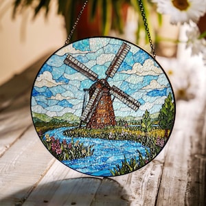 Windmill Stained Glass Suncatcher with River and Flowers Nature Gift for Garden Lovers