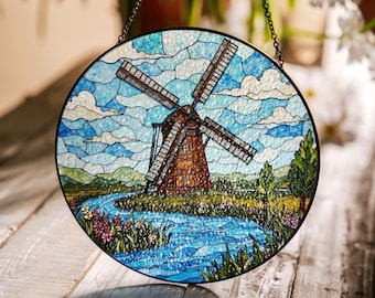 Windmill Stained Glass Suncatcher with River and Flowers Nature Gift for Garden Lovers