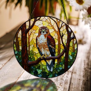 Majestic hawk in forest stained glass suncatcher bird window decor gift for dad or nature lover