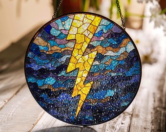 Lightning Bolt Stained Glass Suncatcher Window Hanging Gift for Storm Lovers