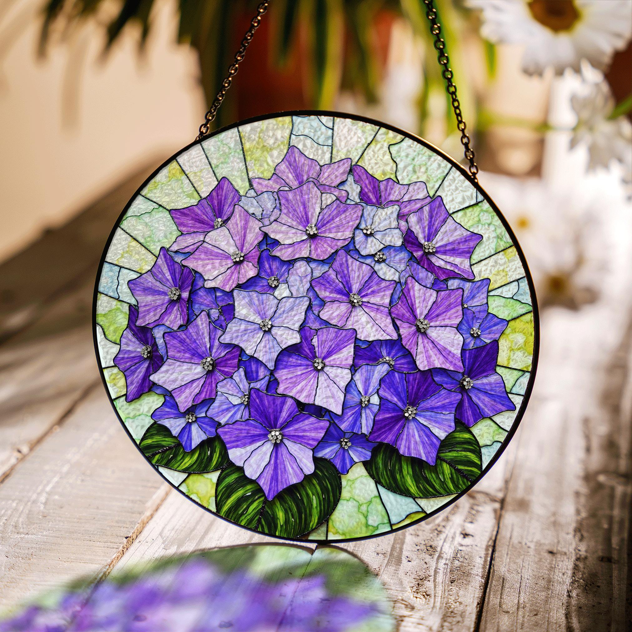 Hydrangea Window Display Purple Hydrangea Floral Round Stained Glass Suncatcher Window Hanging ...