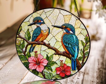 Colorful Kingfisher Birds Floral Branch Glass Suncatcher Window Decor Gift for Bird Lovers