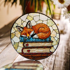 Fox Suncatcher Stained Glass Hanging Ornament Fox Sleeping on Books Perfect Gift for Book Lovers and Animal Enthusiasts