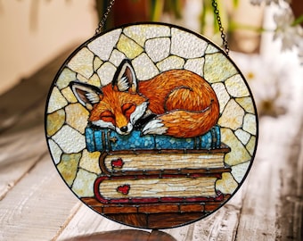Fox Suncatcher Stained Glass Hanging Ornament Fox Sleeping on Books Perfect Gift for Book Lovers and Animal Enthusiasts
