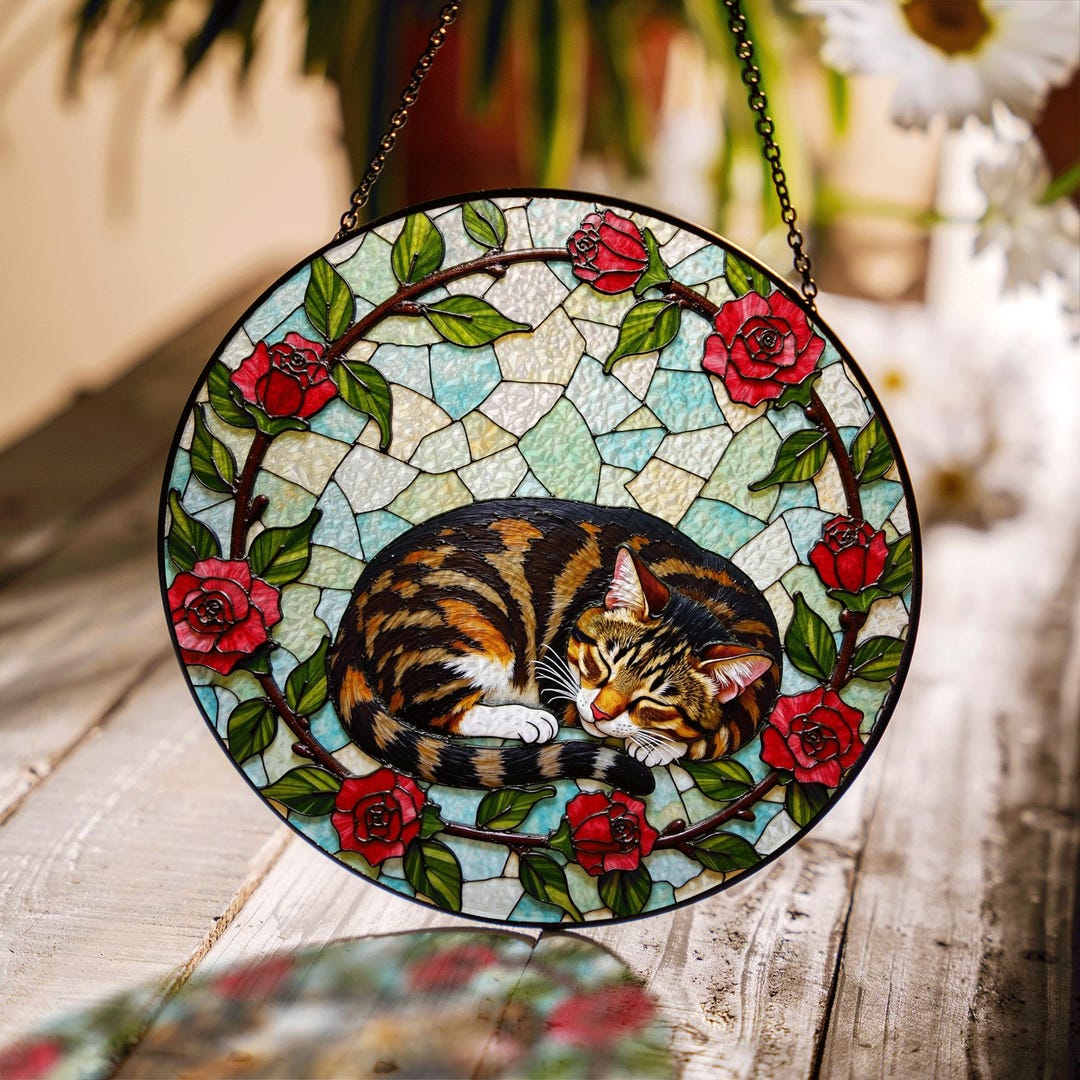 Sleeping Tabby Cat With Roses Round Stained Glass Suncatcher Gift for ...