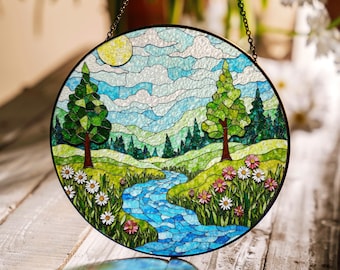Scenic Forest River Landscape Stained Glass Suncatcher Window Hanging Gift for Nature Lovers