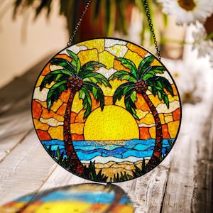 Tropical Palm Tree Suncatcher Stained Glass Sunset Beach Window Gift