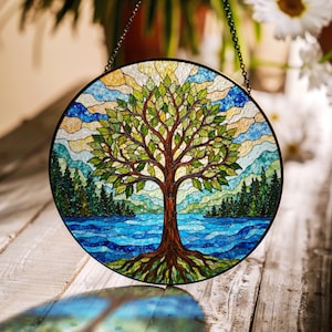 Tree of life stained glass suncatcher forest river art gift for mothers day or nature lovers