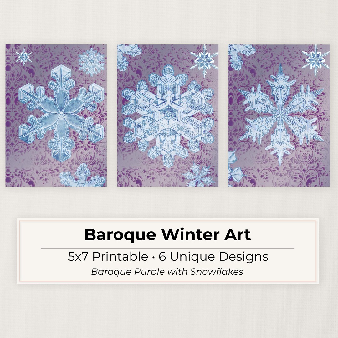 Baroque Snowflake Cards – Purple Winter Art, 5x7 Printable Note Set of ...