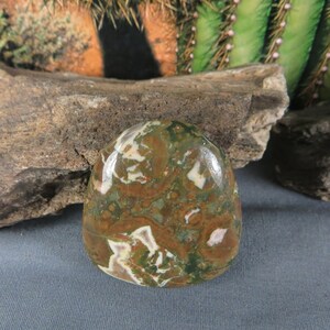 May include: A green, brown, and white polished stone with a swirling pattern. The stone is smooth and has a glossy finish.