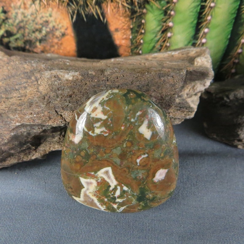 May include: A green, brown, and white polished stone with a swirling pattern. The stone is smooth and has a glossy finish.