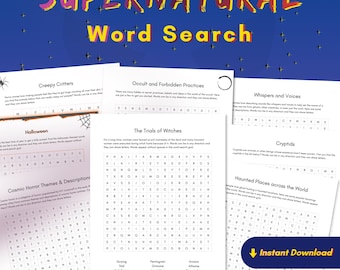 Supernatural Word Search For All Ages with 20 Spooky Topics, Printable Puzzle (Digital Download)