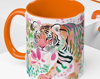 Bunter Tiger Akzent Kaffeetasse, Perfekt für Tierliebhaber, Big Cat Wohnkultur, Geschenke für Sie, Maximalist Teetasse, Aquarell Dschungel Thema