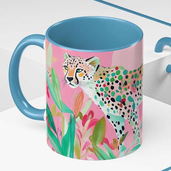 Colorful Cheetah Print Coffee Mug, Animal Lover Gift, Maximalist Kitchen Decor, Unique Tea Cup for Friends, Pink Jungle Inspired Kitchenware