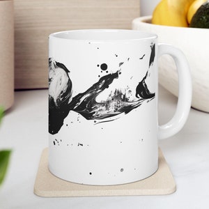 Abstract Art Ceramic Mug, Modern Black and White Coffee Cup, Perfect for Art Lovers, Gift for Home, Office, Birthday, Ink Splatter Tea Cup