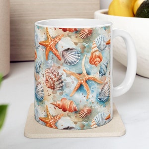 Ceramic Coastal Mug Seashell Mug Beach Lover Gift Beach House Ocean Decor Nautical Kitchenware Summer Coffee Cup Watercolor Starfish Tea Cup