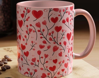 Romantic Heart Flower Accent Coffee Mug, Valentine's Day Gift, Cute Red Pink Doodles, Floral Design, 11oz, 15oz, Kitchen Decor, Pink Tea Cup