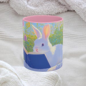Frühling Weißer Hase Lesebuch Bunte Tasse Ostern Kaninchen Neuheit Kaffeetasse Niedlicher Tier Teebecher Geschenk für Buch-Liebhaber-wunderlichen Frühling