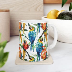Vibrant Parrot Ceramic Mug Tropical Bird Coffee Cup Colorful Island Drinkware Eco-Friendly Gift Perfect for Nature Lover Great for Birthdays