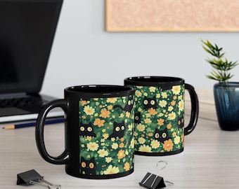 Black Cat Mug Flower Field Design Cute Cat Lover Gift Floral Coffee Cup Cat Lady Present Witchy Tea Mug Cat Home Decor Funny Kitten Tea Cup