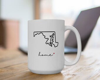 Maryland State Pride Ceramic Mug, Black and White Minimalistic Design, Moving or Homesick Gift, 11oz, 15oz, Red Heart Home State MD Resident