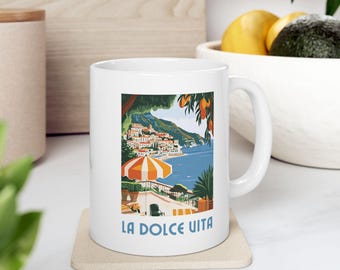 Amalfi Coast Ceramic Mug Positano Coffee Cup La Dolce Vita Tea Mug Retro Italy Souvenir Gift Travel Lover Italian Kitchen Decor Blue Italia