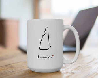 Ceramic Mug, New Hampshire State Pride Mug, Moving Gift for NH Resident, Black and White Minimalistic Coffee Cup with Red Heart, Home State