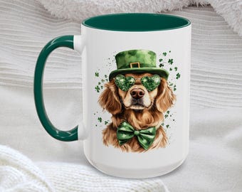 St Patricks Day Dog Mug Shamrock Day Funny Irish Canine Cup Lucky Dog Drinkware Golden Retriever Ireland Green Bowtie Mug Colorful Pet Gift