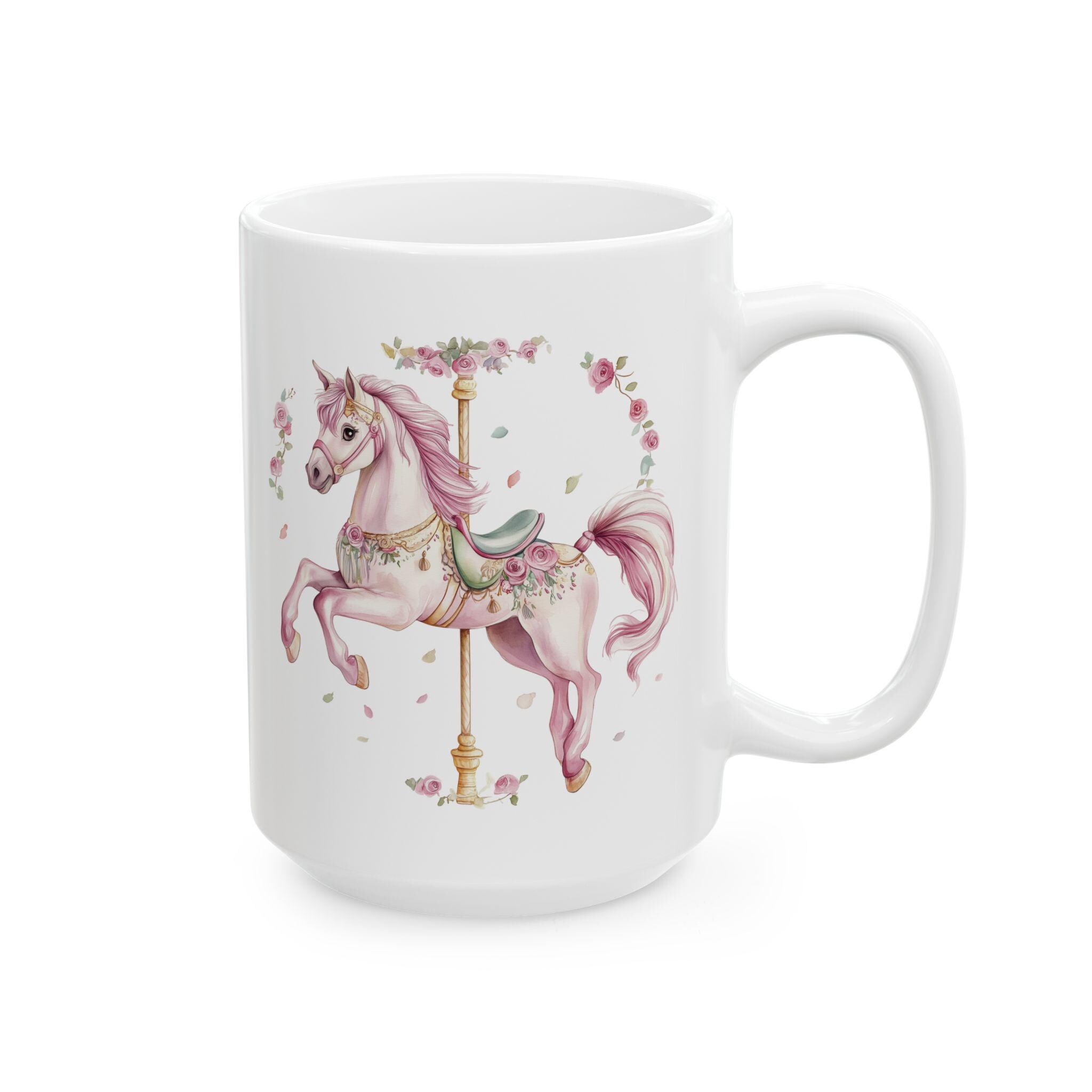 Pink Carousel Horse Ceramic Mug Cute Kids Tea Cup Fun Carnival Theme ...