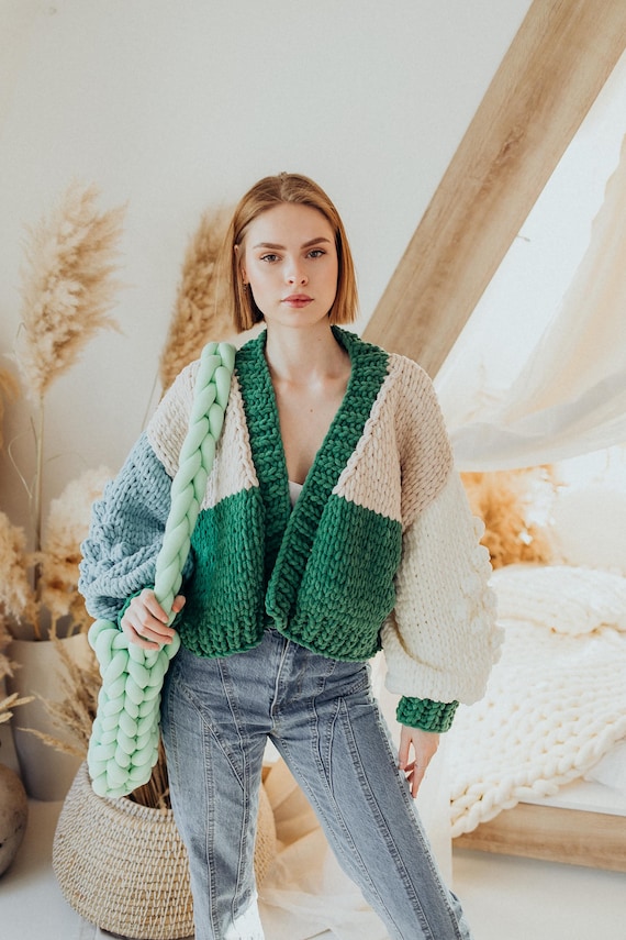 Handmade Chunky Knit Cardigan, Oversized Cropped Sweater - Etsy