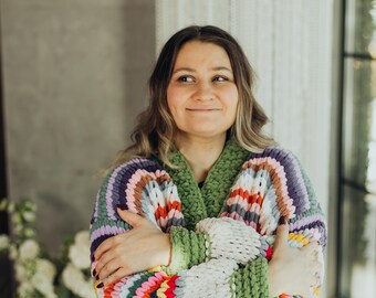 Hand Knit Boho Long Cardigan, Oversized Plush Sweater