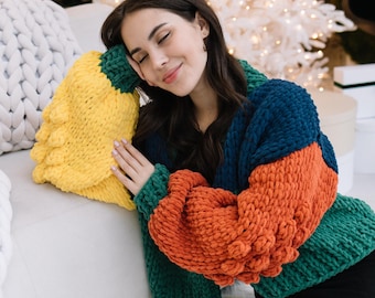 Handmade Oversized Chunky Knit Cardigan, Colorful Plush Sweater