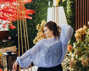 Oversized Mohair Sweater, Chunky Sleeve, Crew Neck Jumper