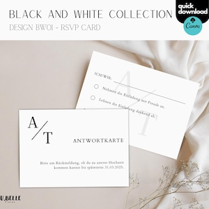 Minimalistische huwelijksuitnodigingsset, moderne uitnodigingssjabloon zwart-wit, huwelijkskaartmonogram, elegante antwoordkaart Canva