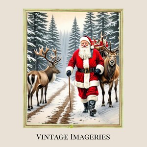 Santa Claus Reindeer Wall Art Print, Forest Snowfall in Winter Printable Christmas Home Decor, Digital Download, Holiday Home Improvement.
