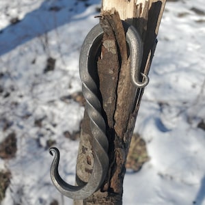 Peut inclure: Un crochet en métal torsadé avec une boucle en haut et un crochet en bas. Le crochet est fixé à une branche d'arbre.