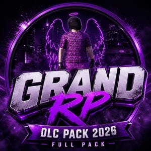 May include: A digital graphic in purple and black. It features a person in a helmet and patterned shirt, with angel wings and a halo. The text "GRAND RP" is prominent, alongside "DLC PACK 2026 - FULL PACK". The background shows a cityscape.