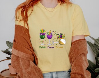 Camiseta "Bebió, bebió, ebrio" del Mardi Gras, fiesta de cuentas de carnaval