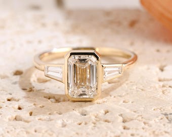 Solid Gold Bezel Emerald Moissanite Engagement Ring, Art Deco Promise Ring