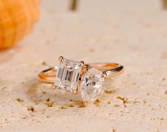 Toi et Moi Ring, Solid Gold Pear Cut & Emerald Cut Moissanite Engagement Ring