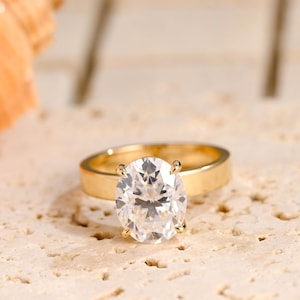 Solid Gold 3mm Width Oval Cut Moissanite Engagement Ring, Solitaire Promise Ring, Propose Ring, Birthday/ Anniversary Gift for Women