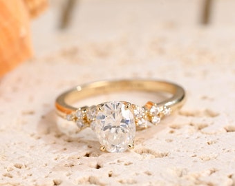 Solid Gold Side Cluster Tulip Basket Oval Cut Moissanite Engagement Ring, Dainty Promise Ring, Proposal Ring, Anniversary Gift for Woman