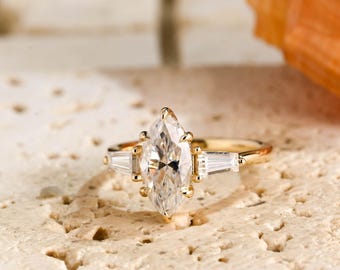 Solid Gold Marquise Moissanite Engagement Ring, Hidden Halo Design