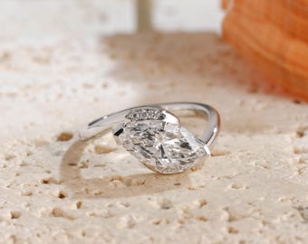 Solid Gold Bypass Marquise Cut Moissanite Engagement Ring, Vintage Wave Ring, Anniversary Gift for Her, AD-1129CUG